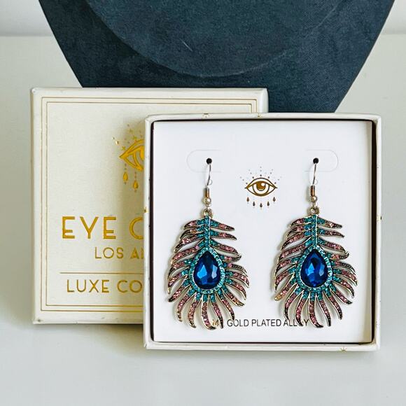 New Eye Candy LA Sidra Peacock Feather Earrings - Picture 1 of 5